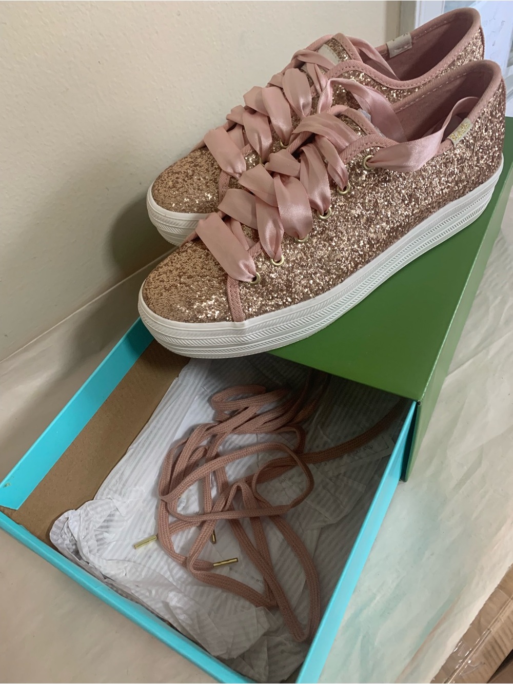Keds X Kate Spade Glitter Sneakers Pink Rose Gold Size 6.5 Shoes W/ Original Box - Picture 9 of 12